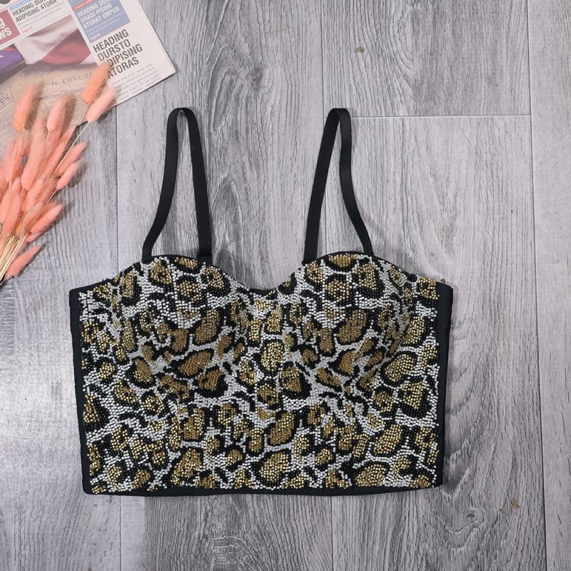 Women Personalized Slim-Looking Beaded Backless Corset Short Leopard Print Outerwear Camisole Tube Top - Image 3