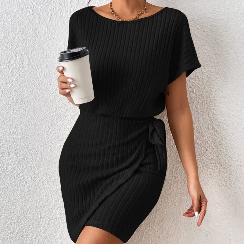 Dress Mid Length Irregular Asymmetric Design Lace up Short Sleeve Loose - Image 4