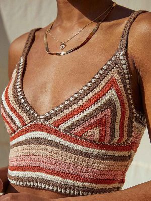 Women Suspender Vest Sexy Knitted Vest Color Matching Woolen Striped Cropped Top Crochet