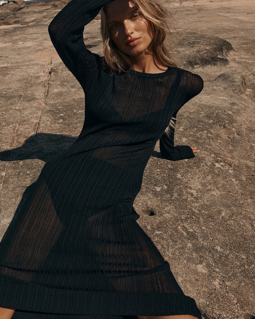 See Through Knitted Long Sleeved Dress Casual Waist Tight Slim Fit Round Neck Big Pit Stripe Slimming Knitted Maxi Dress Women - Image 4