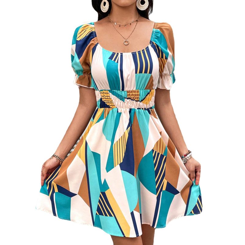 Self Developed Vacation Geometric Abstract Figure Contrast Color Slim Fit Backless High Waist Slimming Puff Sleeve Women  Dress - Image 5