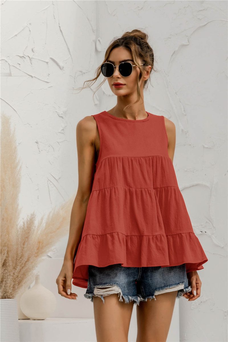 Spring Summer  round Neck Sleeveless Multi-Section Stitching Loose Big Hem Vest Top - Image 5