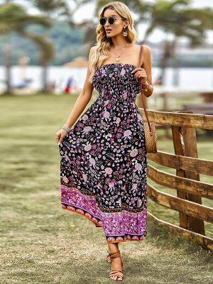 Tube Top Printed Dress Summer Bohemian Casual Vacation Maxi Dress