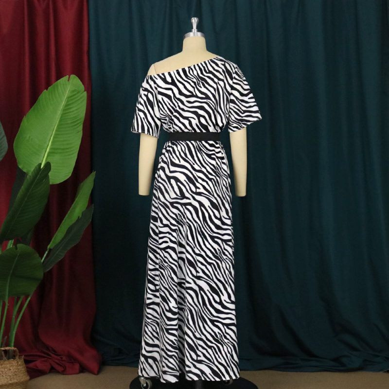 Sexy Oblique Shoulder Short Sleeve Leopard Print with Belt Slim Fit Party Large Swing Dress Women Dress Maxi Dress Dress Dress - Image 4
