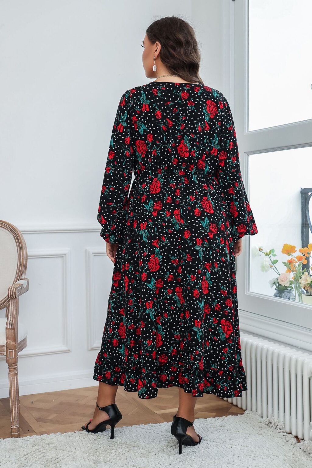 Plus Size Autumn Woven Black Chiffon Big Swing Type Office Printed  Dress Cotton Korean Shirt Dress - Image 3