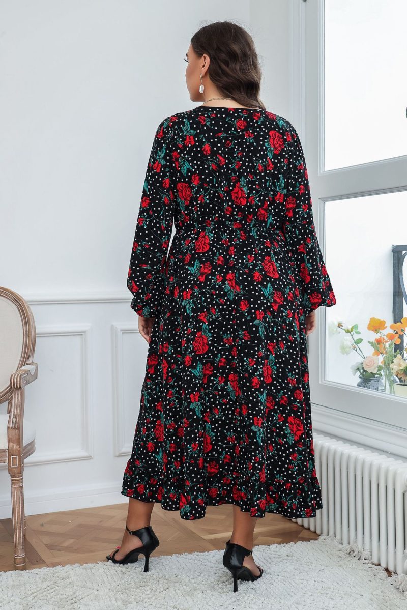 Plus Size Autumn Woven Black Chiffon Big Swing Type Office Printed  Dress Cotton Korean Shirt Dress - Image 3