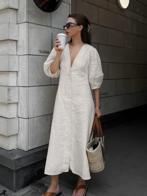 French Young Beige Cotton Linen Puff Sleeve Dress Women Summer Backless Loose V neck Shirt Long Dress