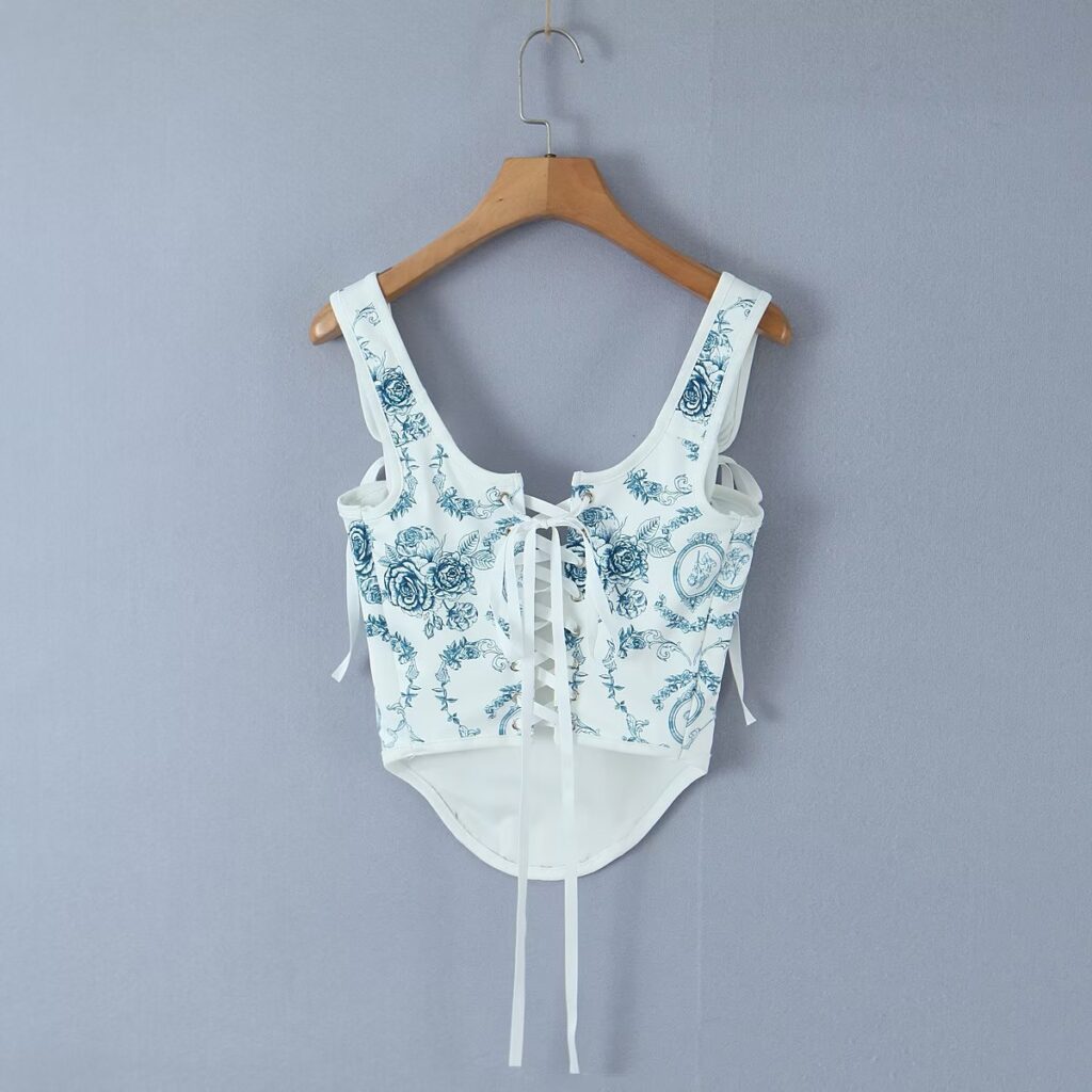 Spring Summer Retro Printed Vest Bandage Irregular Asymmetric Short Top - Image 6