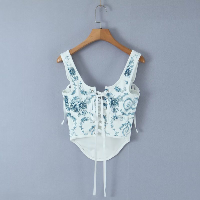 Spring Summer Retro Printed Vest Bandage Irregular Asymmetric Short Top - Image 6