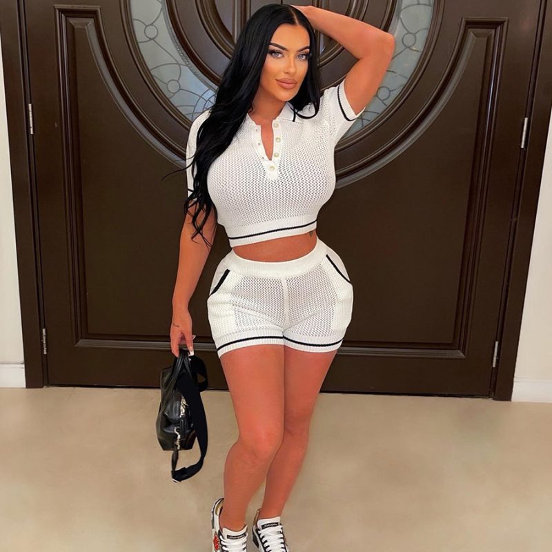 Summer Women Clothing Polo Collar Short Sleeved Shirt Slim Pocket Shorts Set - Image 2