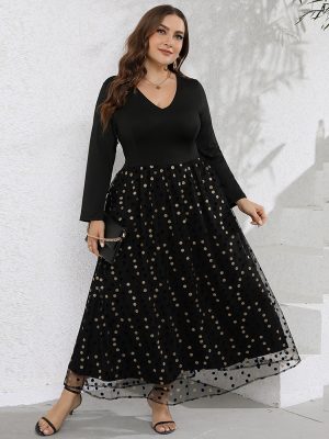 Plus Size Women Casual V Neck Long Sleeve Polka Dot Printed Pattern Swing Long Dress