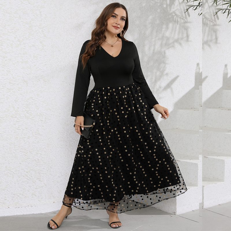Plus Size Women Casual V Neck Long Sleeve Polka Dot Printed Pattern Swing Long Dress