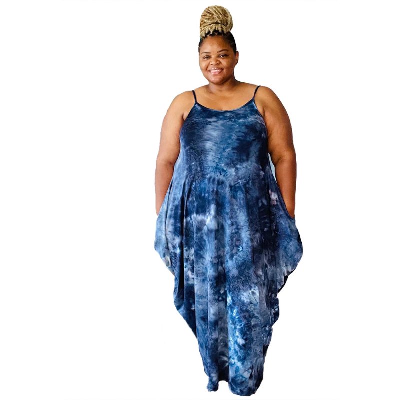 Plus Size Sundress Women Clothes Popular Tie-Dye Printed Loose Strap Ladies Irregular Asymmetric Dress