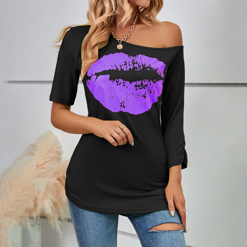 Lip Printings Short Sleeved T shirt Women off Shoulder Irregular Asymmetric Sleeve Length Slim Top Summer - Image 3