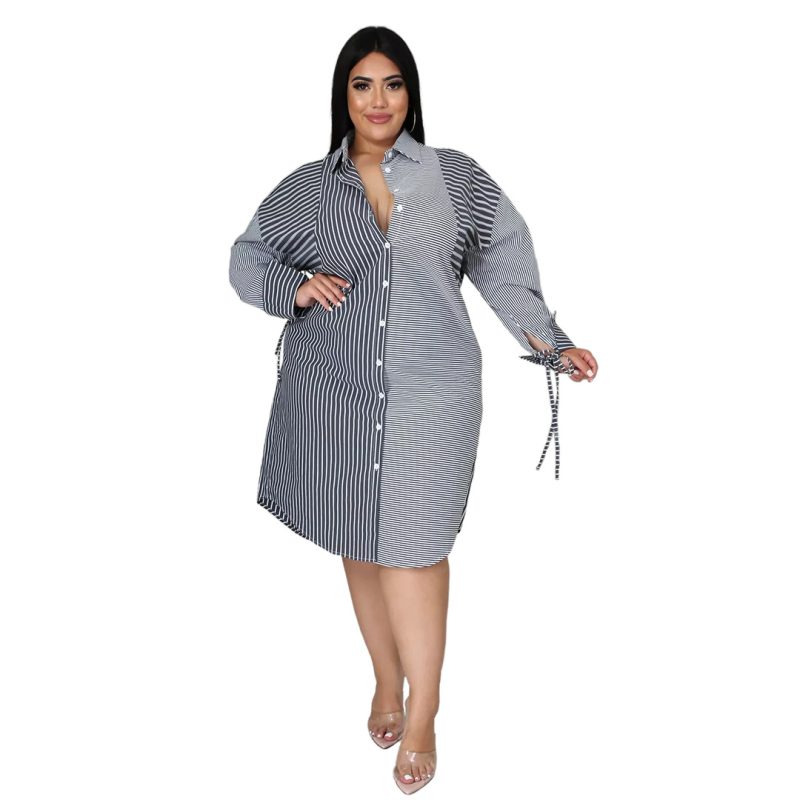 Plus Size Plus Size Women Patchwork Stripes Printed Lace up Shirt Dress - Image 3