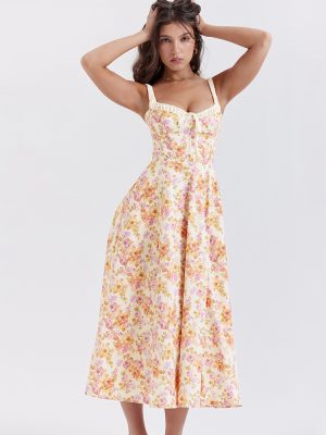 Summer Women Clothing Floral Slip Dress Sexy Backless Slit Mid Length Vacation Dress for Women