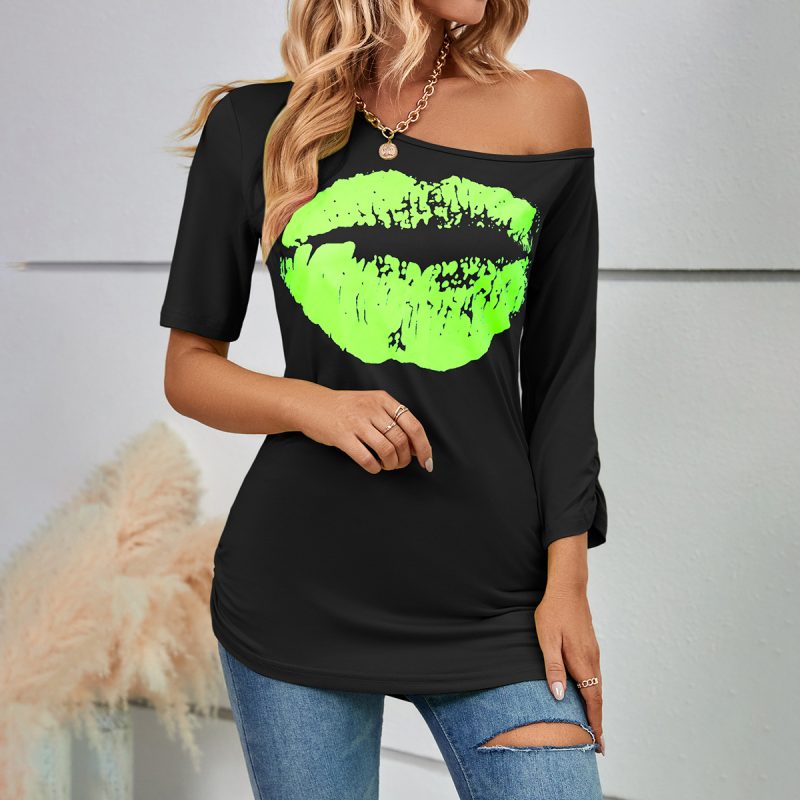 Lip Printings Short Sleeved T shirt Women off Shoulder Irregular Asymmetric Sleeve Length Slim Top Summer - Image 2