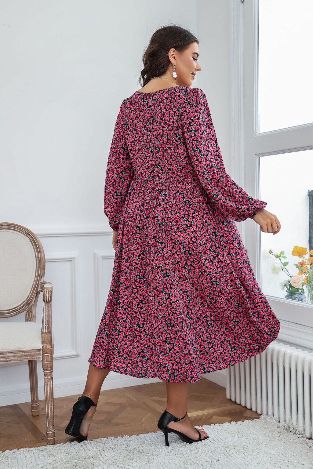 Plus Size Summer Women Square Collar  Printed Dress Supply - Image 4