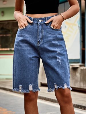 Denim With Hole Fifth Pants Fashionable Frayed Hem Tasseled Jeans Women