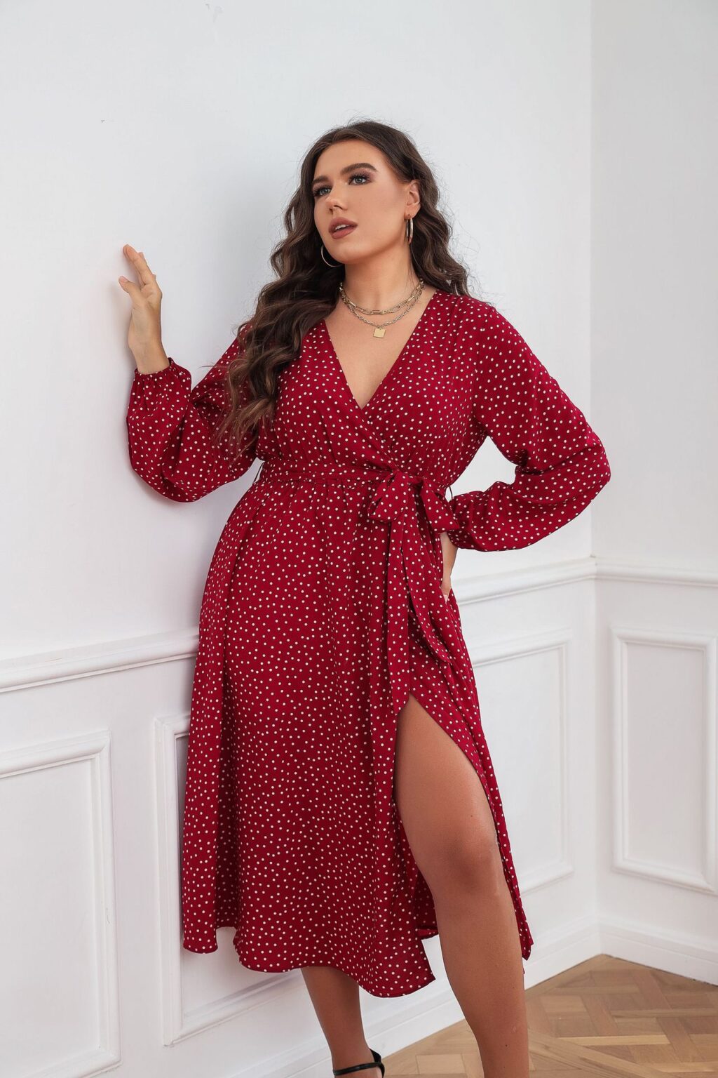 Plus Size Swing Artistic Red  Dress Cotton Office Polka Dot Long Sleeve Women Clothing - Image 2