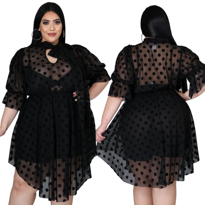 Plus Size Summer Dot Mesh See-through Dress Women - Image 4