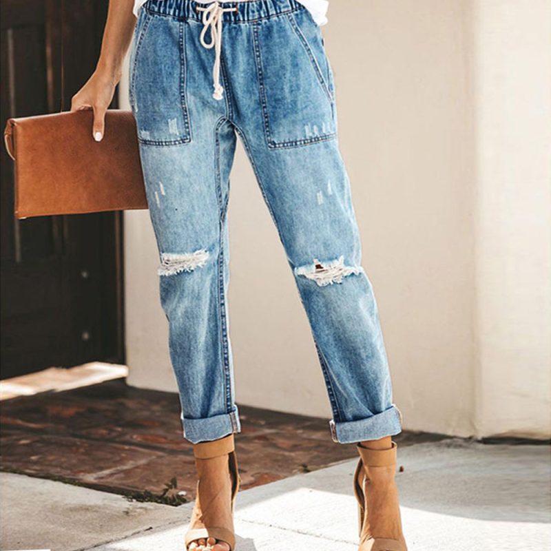 Autumn Wish Drawstring Elastic Waist Ripped Denim Pants Casual Pants For Women - Image 2