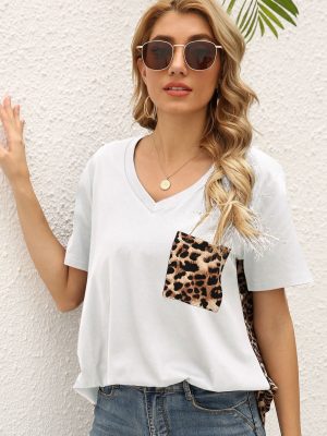 Women Clothing Short Sleeved T shirt Loose Leopard Print Stitching Knitted Top