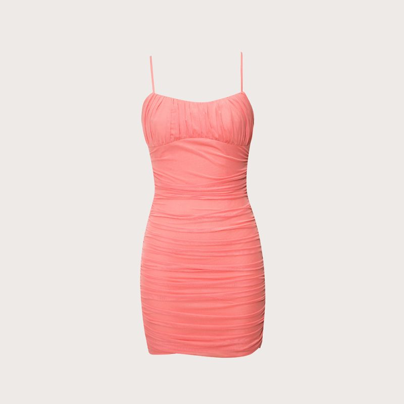 Summer Women Clothing Sexy Cami Dress Mesh Pleats Slim Fit Sheath Dress - Image 2