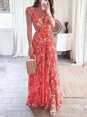 Women Dress Summer Sexy V Neck Sleeveless Printed Slit Maxi Dress