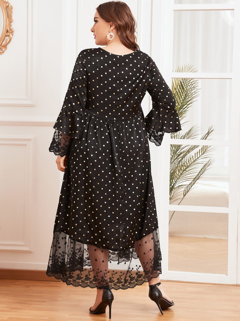 Plus Size Women round Neck Flared Long Sleeve Bronzing Dotted Prints Lace Stitching Waist-Slimming Muslim Maxi Dress - Image 4