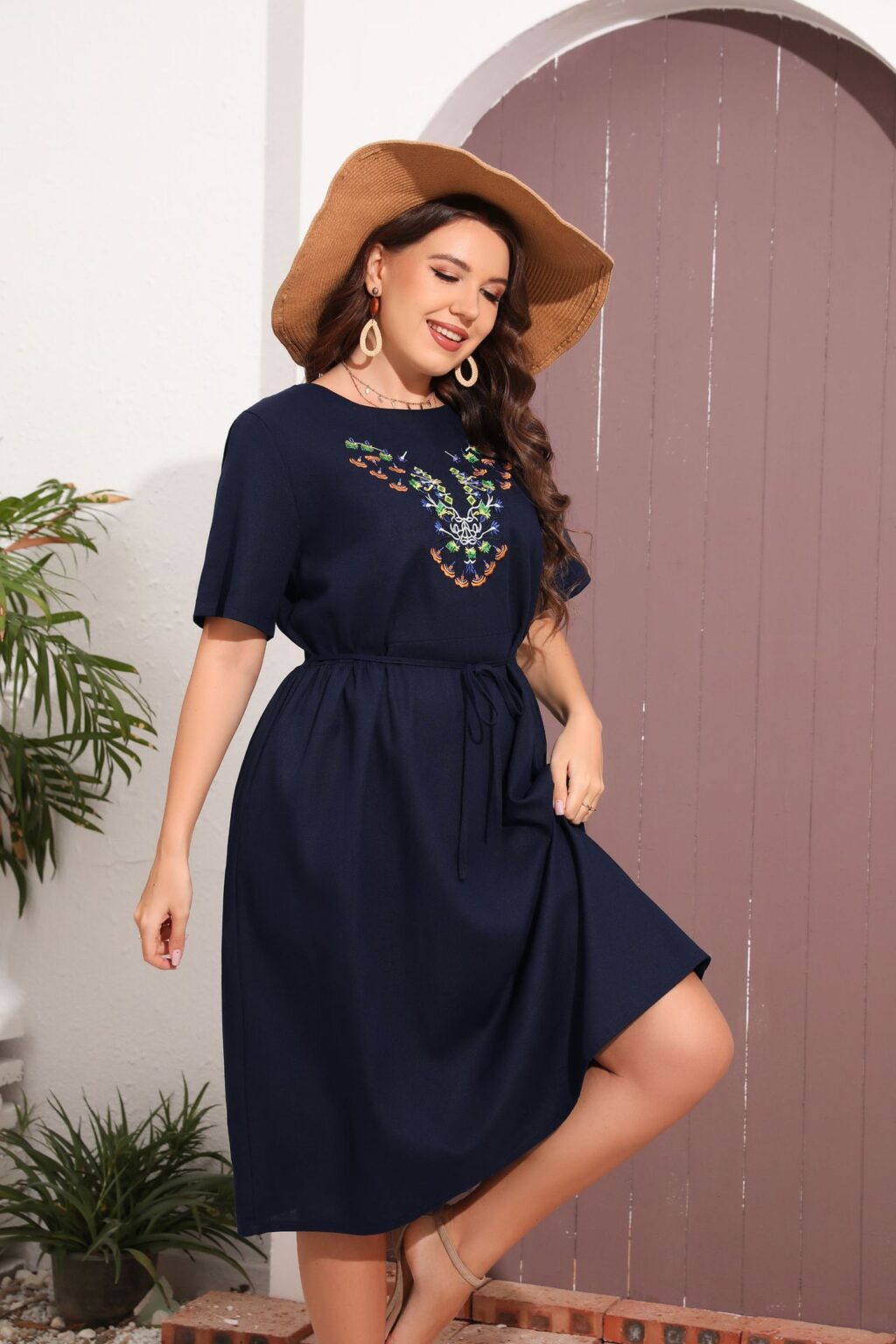 Plus Size Women Clothing round Neck Short Sleeve Embroidered Dress Belt Loose Simple Middle Dress - Image 4