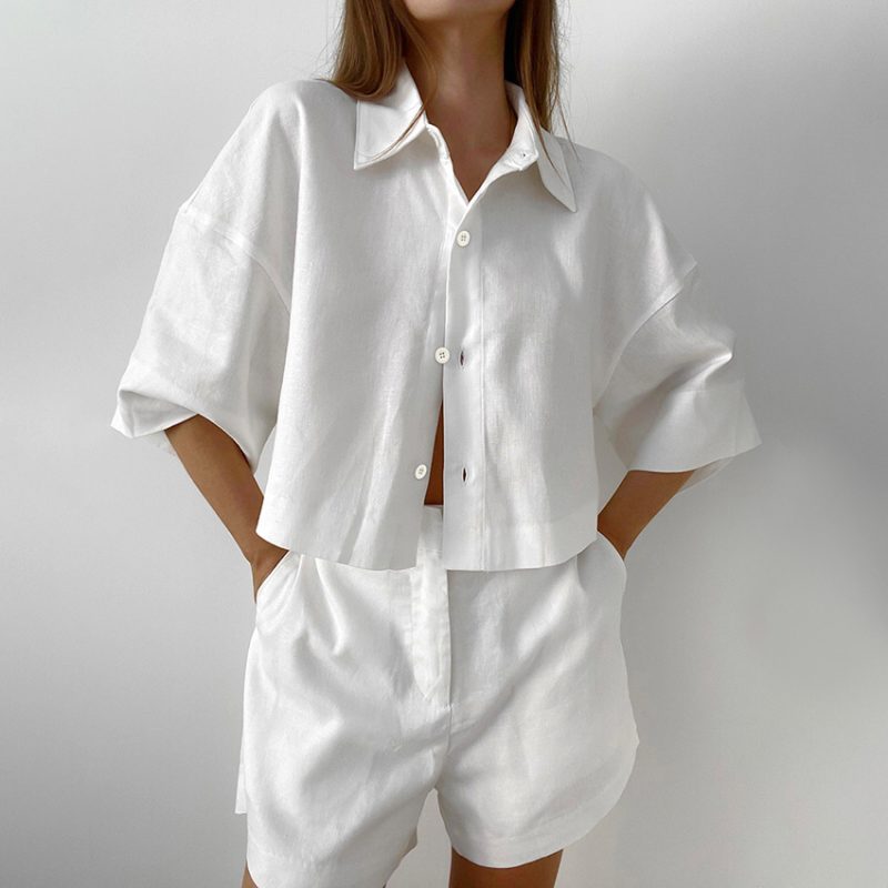 Casual White Cotton Linen Women Clothing Summer Half Sleeves Shirt Shorts Two Piece Set - Image 2