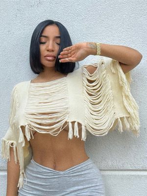 Summer Women  Clothing Personality Cloak Type Hollow Out Cutout Pullover Knitted Blouse Loose Top