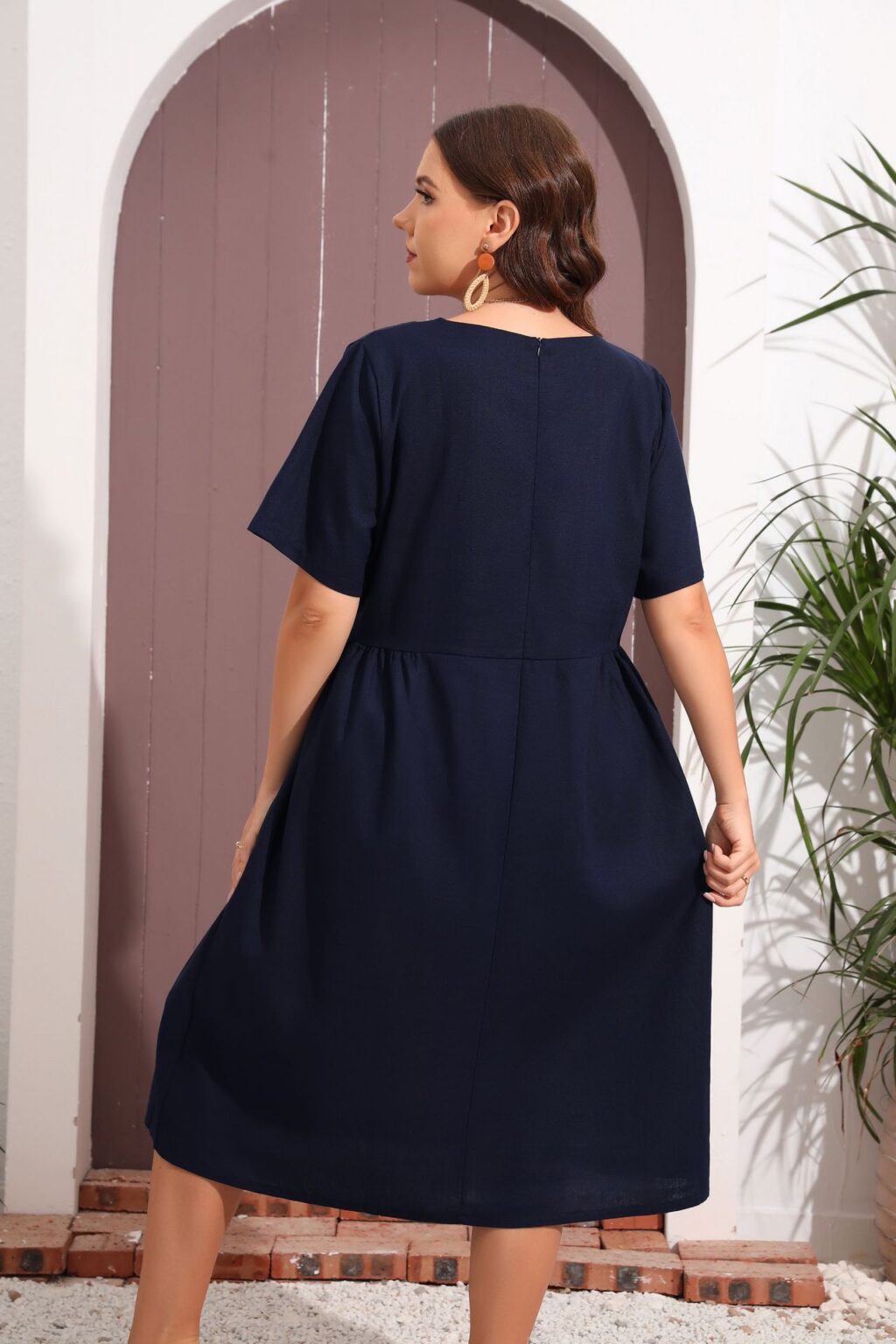 Plus Size Women Clothing round Neck Short Sleeve Embroidered Dress Belt Loose Simple Middle Dress - Image 5