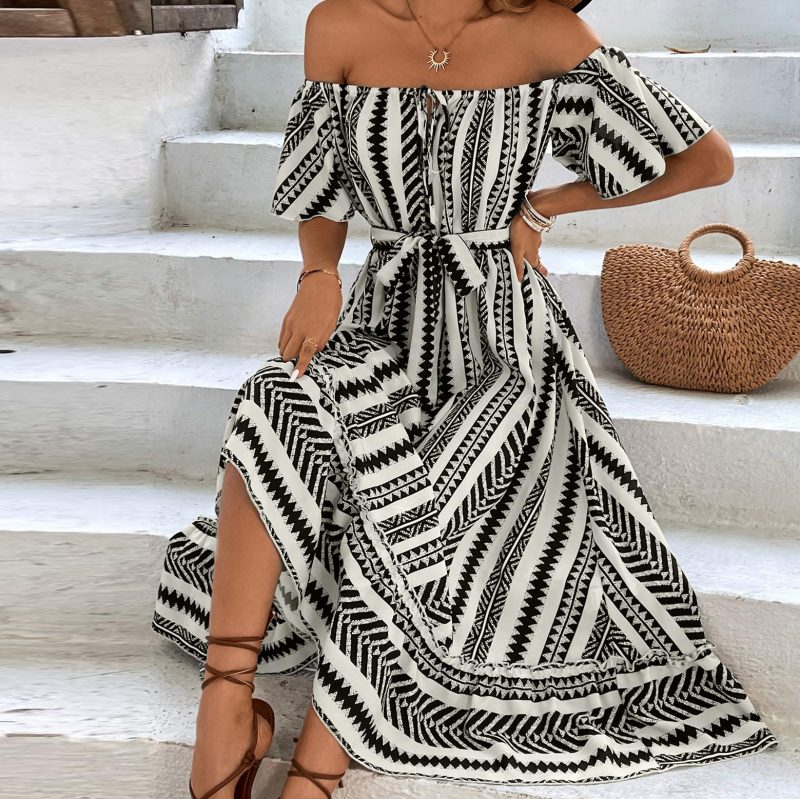 Self Developed Dress off Shoulder High Waist Lace up Casual Striped Plaid - Image 2