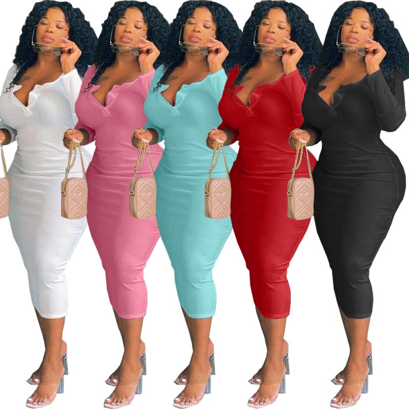 Plus Size Autumn Winter  Women Clothing Sexy Solid Color V-neck Long Sleeve  Women Dress - Image 5