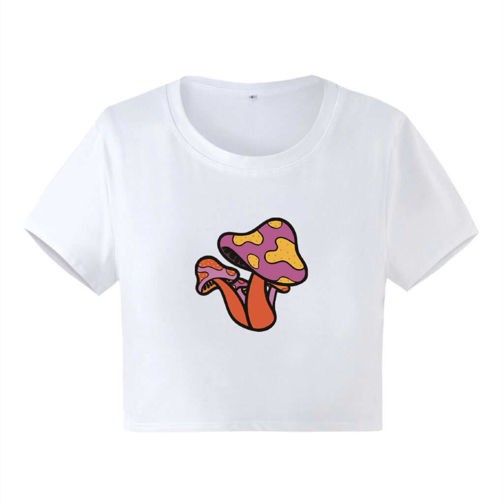 Women Clothing  Summer New tagram Mesh Red Mushroom Printed Slim Fit Short Sleeved T shirt - Image 5