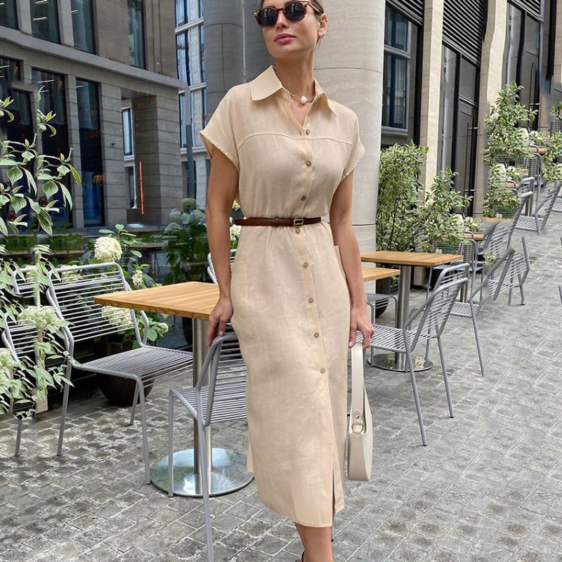 Summer Office Collared Sleeveless Cotton Linen Dress Elegant High Waist Dress Straight Dress - Image 3