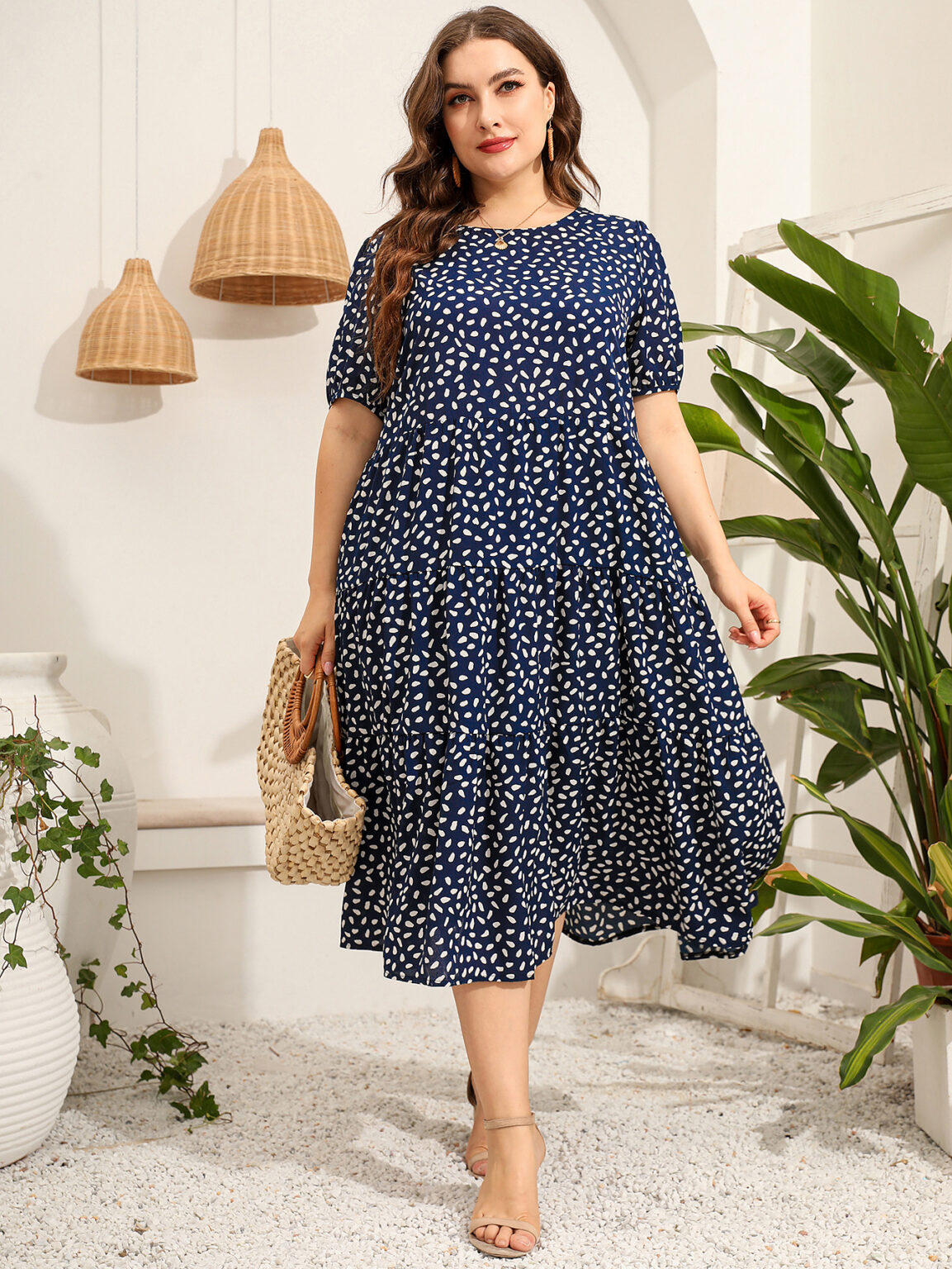 Plus Size Women Clothing Irregular Asymmetric Point Short Sleeve Dress Loose Round Neck Large Swing Dress - Image 2