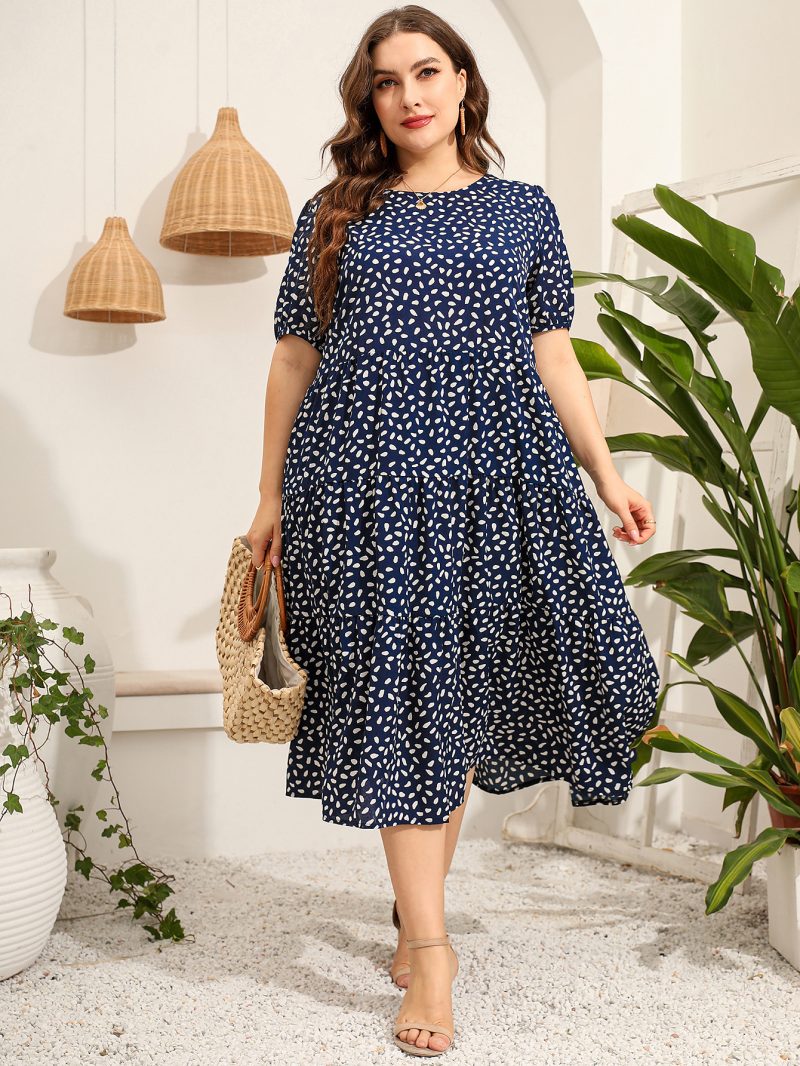 Plus Size Women Clothing Irregular Asymmetric Point Short Sleeve Dress Loose Round Neck Large Swing Dress - Image 2