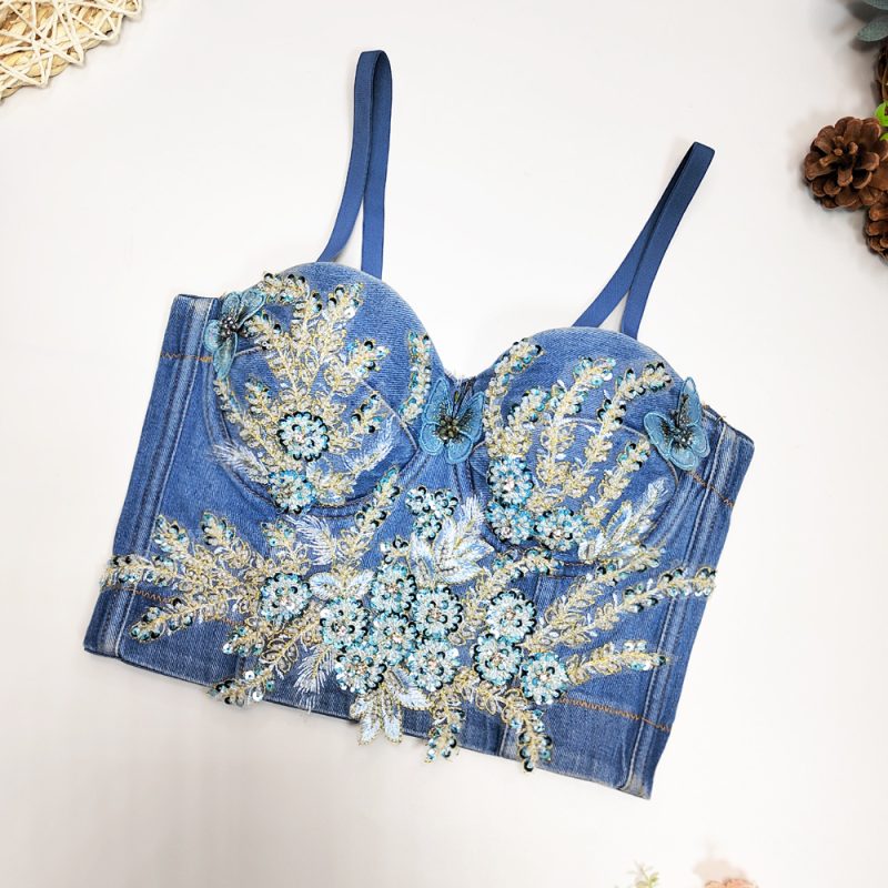 Heavy Industry Beads Denim Camisole Outer Wear Vest Night Club Sexy Wrapped Chest - Image 2