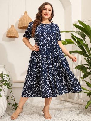 Plus Size Women Clothing Irregular Asymmetric Point Short Sleeve Dress Loose Round Neck Large Swing Dress