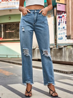 Summer Denim Ripped Trousers Internet Celebrity Women Clothes Casual Pants