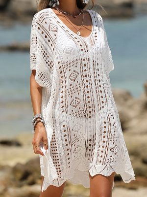 Summer Vacation Sexy Cutout Texture Deep V Plunge Loose Pullover Bikini Sun Protection Beach Cover Up Clothes