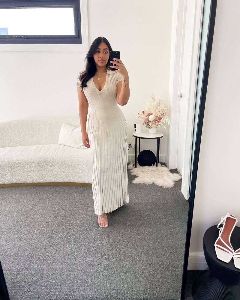 Spring Summer Knitted Dress Casual Waist Tight Collared V Neck Sunken Stripe Slimming Knitted Maxi Dress Women - Image 3