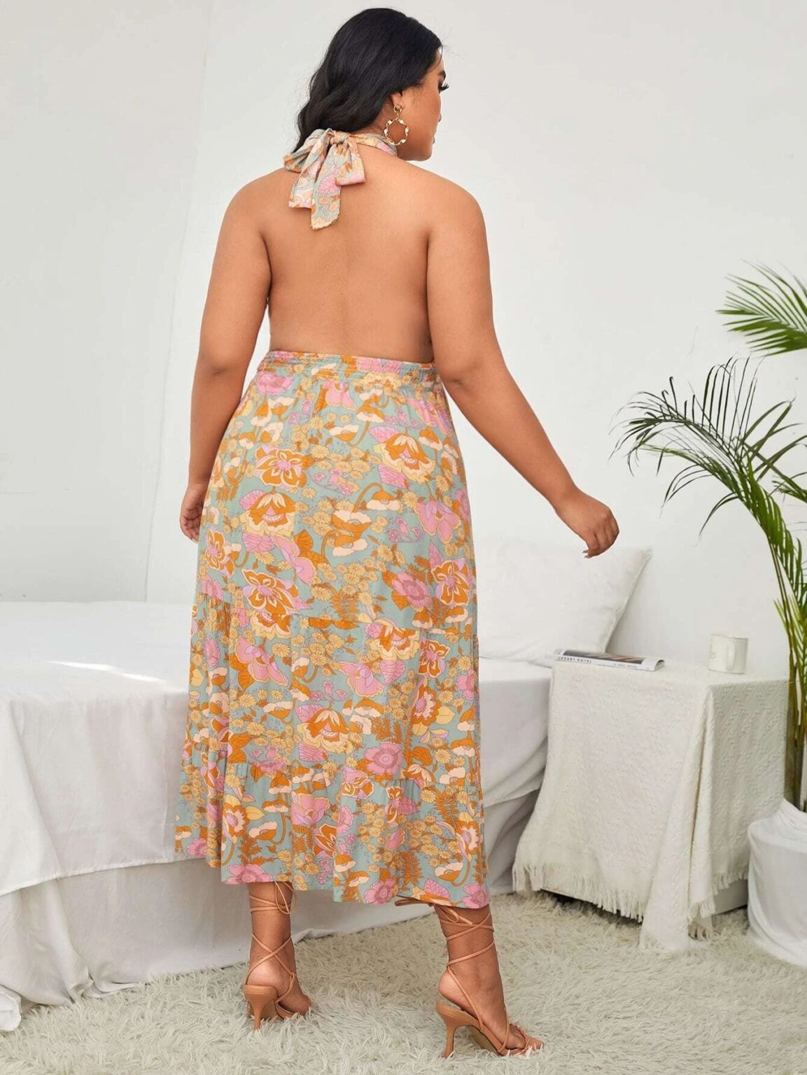 Plus Size Women Clothing Sexy Lace-up Halter Split Print Holiday Dress - Image 5