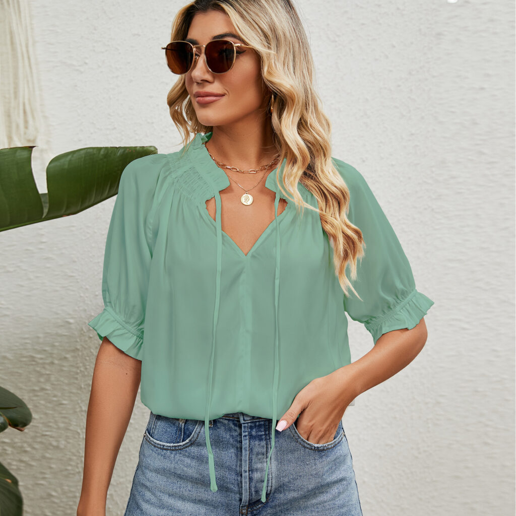 Lace Up Princess Sleeves Pleating Chiffon Blouses Women - Image 4