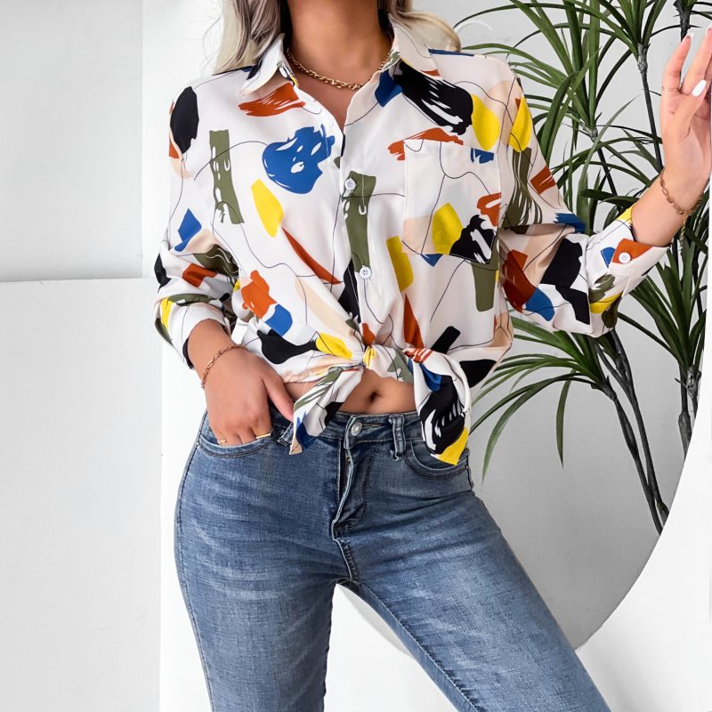 Women  Clothing Collared Print Shirt Long Sleeve Geometric Abstract - Image 2