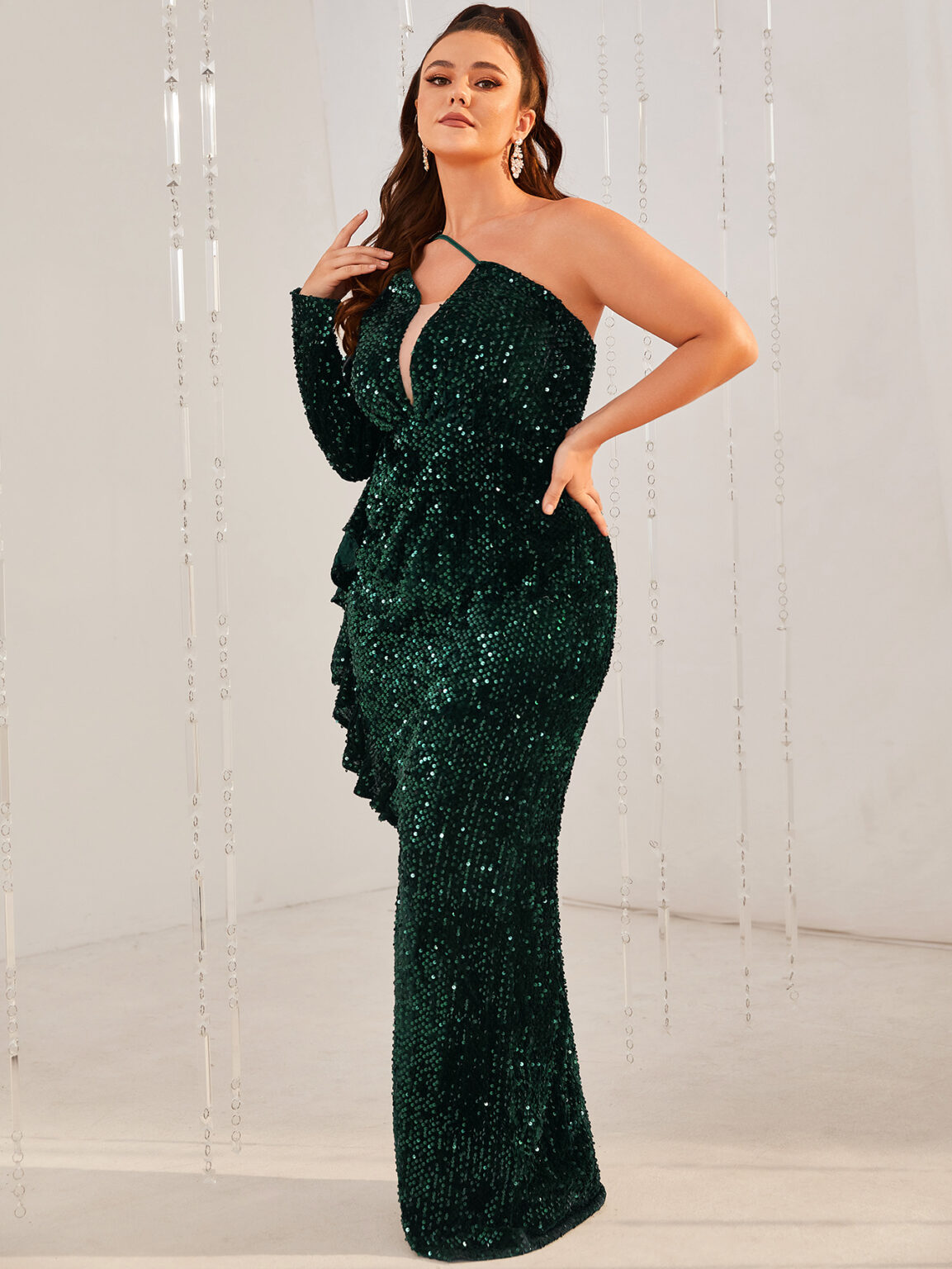 Plus Size One Shoulder Long Sleeve V neck Maxi Dress Women Sequin Dress Fishtail Dress - Image 2