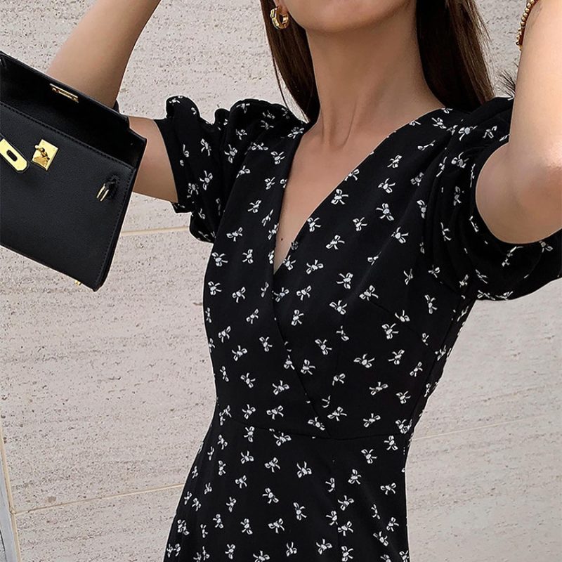 Summer V neck Puff Sleeve Short Sleeve Printed Short Black Shivering Dress Women Clothing - Image 4
